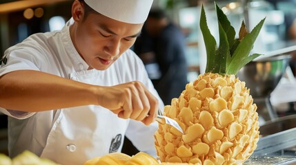 Poster - A Thai chef skillfully carving fruit into intricate shapes for a beautiful garnish.