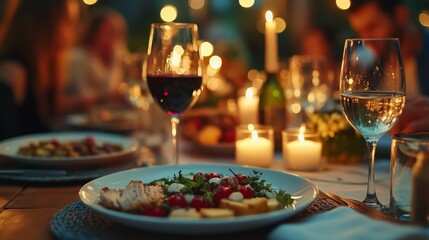 Wall Mural - close up of table with dinner plates and wine glasses, candles on the side, people eating at tables, evening party scene, warm tones