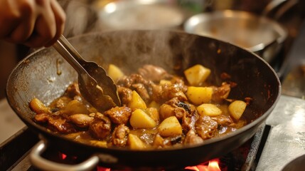 Poster - A Vietnamese chef cooking a fragrant pot of chicken curry (Cari Ga) with potatoes