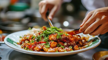 Poster - A Vietnamese chef decorating a plate of Vietnamese caramelized fish (Ca Kho To) with