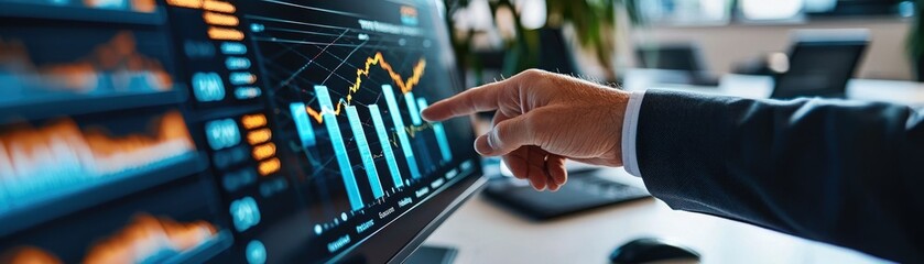 A professional examining financial data on a digital screen, highlighting trends in charts and graphs with a finger.