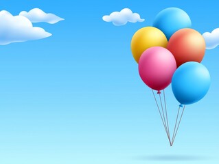 A cheerful arrangement of colorful balloons floating against a bright blue sky with fluffy white clouds.