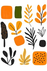 Poster - Colorful abstract leaves and shapes in orange, green, and black on a white background, creating a vibrant, modern design.