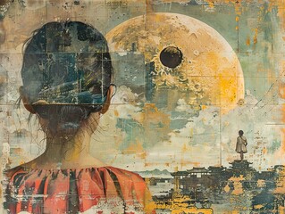 Wall Mural - Woman Gazing at the Moon: A Surreal Landscape Painting