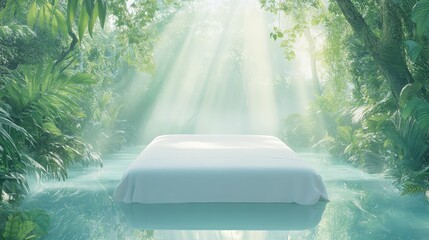 Wall Mural - a white bed floats in the water surrounded by trees.