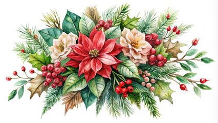 Wall Mural - watercolor painting of bouquet of Christmas flowers on white background