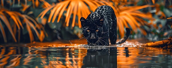 Wall Mural - Black panther walking in water in rainforest. Hunting big wild cat in jungles. Nature and wildlife conservation concept. Exotic animal. World Wildlife Day