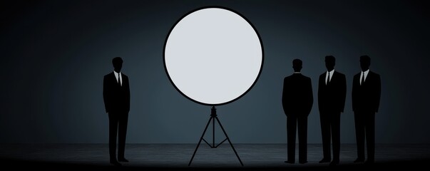 Three figures in suits stand in silhouette before a large, bright circular light against a dark backdrop, creating a mysterious and dramatic atmosphere.