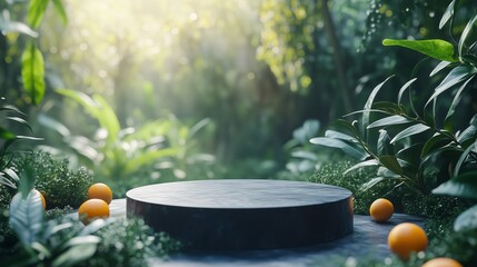 Poster - 3d render of round black podium in tropical garden with kumquats, blurred background, soft light