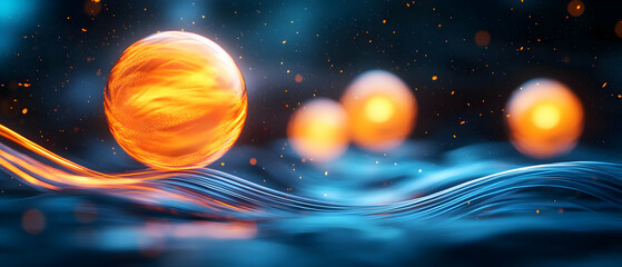 Poster - Abstract depiction of glowing spheres in fluid motion against a dark blue background, symbolizing energy and movement.