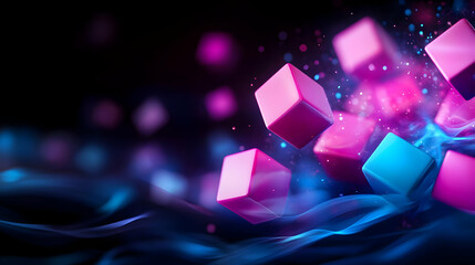 Poster - Colorful floating cubes with vivid lighting effects against a dark background, creating a dynamic and modern visual.