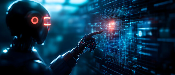 Poster - Futuristic robot interacting with digital interface in a high-tech environment.