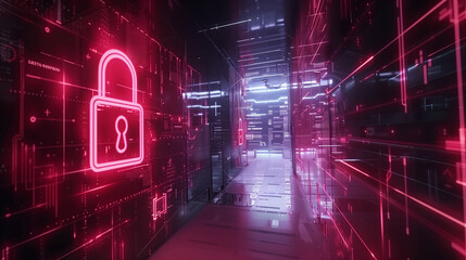 Fototapete - data security breach digital system hacked internet cyber attack alert with red padlock virtual disp