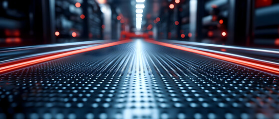 Poster - Futuristic data center interior with illuminated floor and server racks in the background.