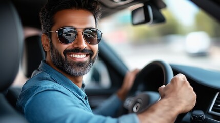 A happy young Indian man wearing sunglasses is sitting in the driver's seat of his car, holding onto one side of an open steering wheel and smiling at the camera