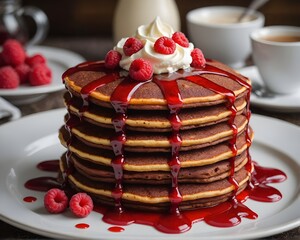 Wall Mural - stack of pancakes with red sauce and raspberries