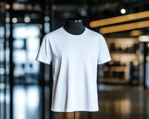 A plain white t-shirt displayed on a mannequin in a modern interior, emphasizing simplicity and fashion.