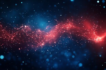 Poster - Abstract digital background with red and blue glowing lines and bokeh lights.