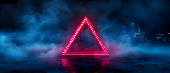 Wall Mural - A glowing pink neon triangle surrounded by a misty, dark atmosphere.