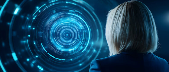 Poster - A professional woman gazing at a futuristic digital display with abstract blue patterns, symbolizing innovation and advancement.