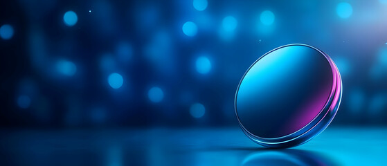 Futuristic circular object on blue blurred background, showcasing modern design and vibrant colors.