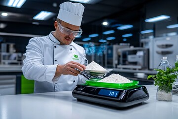 Chef using a digital scale to measure flour for baking, showing the importance of accuracy in culinary preparation, symbolizing precision and flavor