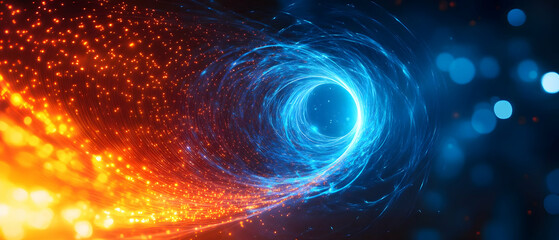 Poster - Dynamic swirling vortex of blue and orange light particles creating a mesmerizing visual effect.