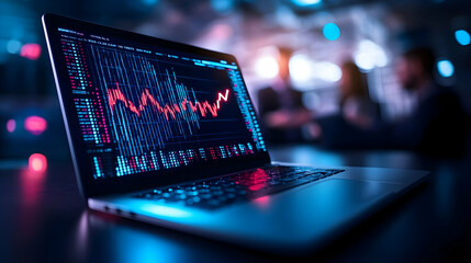Poster - Close-up of a laptop displaying stock market data with vibrant lights in the background.
