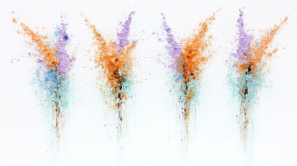 Abstract art with four colorful splashes of paint in orange, purple, and blue on a white background.