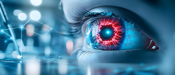 Close-up of a futuristic human eye with a glowing, high-tech iris against a blurred laboratory backdrop.