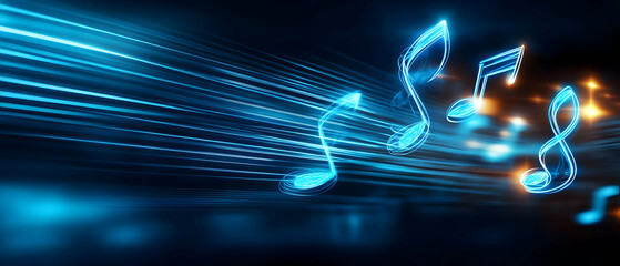 Poster - Abstract digital music notes with blue light trails on a dark background.