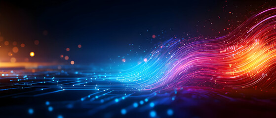 Poster - Abstract digital flow with vibrant colors and glowing effects on a dark background.