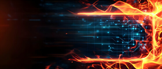 Poster - Abstract digital technology background featuring glowing lines and nodes in blue and orange hues.