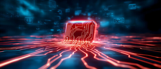 Poster - Futuristic circuit board with glowing red and blue lights, symbolizing advanced technology and digital connectivity.
