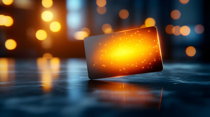 Poster - A glowing card with a bright, swirling orange core against a blurred background of soft lights.