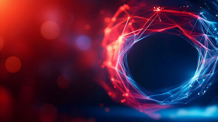 Poster - A vibrant abstract digital design featuring interconnected lines and glowing lights in red and blue hues. Ideal for technology themes.