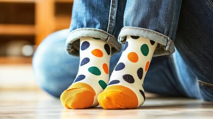 Fun polka-dot socks peeking out from under jeans, playful National Sock Day style