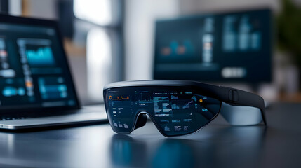 Poster - Futuristic augmented reality glasses on a desk with digital interfaces.