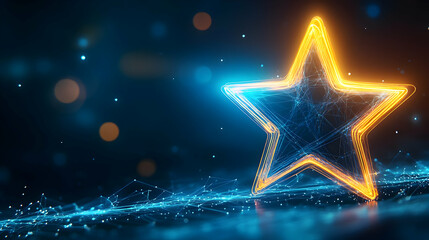 Poster - Vibrant star shape illuminated with bright orange and blue light against a dark background, perfect for digital designs.