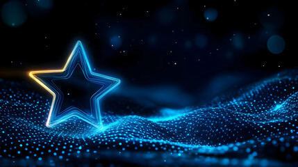 Poster - Neon star shape glowing in vibrant blue background with digital wave patterns.