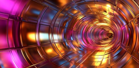 Poster - Abstract 3D rendering of a metallic tunnel with glowing lights.