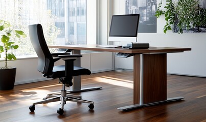 Wall Mural - Modern office desk with a black leather office chair.