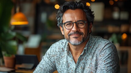 Poster - Middle-aged Hispanic man creating mobile applications in a modern workspace during daytime hours