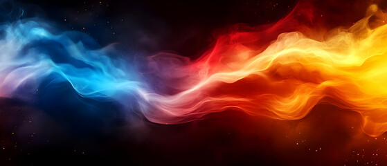 Poster - A vibrant blend of blue, orange, and red smoke swirling against a dark background, creating a dynamic visual effect.