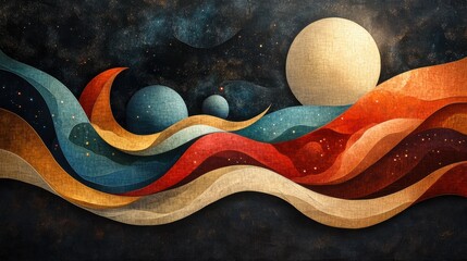 Wall Mural - A colorful painting of a galaxy with a large red and yellow sun in the middle. Generative AI