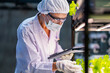 © ultramansk - A scientist in a mask, hairnet, and gloves records observations on a tablet while inspecting plants in a lab. The setting, with controlled lighting, emphasizes research in botany and sustainable agric