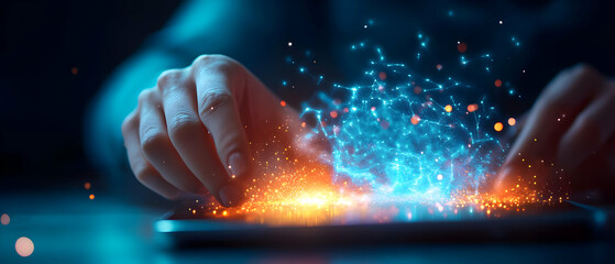 Poster - Hands interacting with a glowing digital interface, showcasing innovation and technology in the modern world.