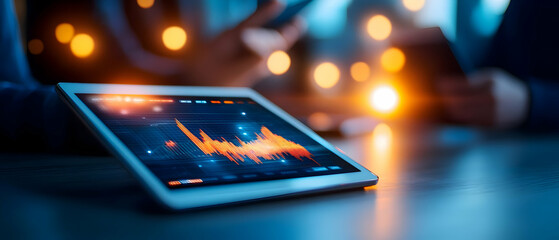 Poster - Tablet displaying financial graphs with analytics in a modern workspace setting.