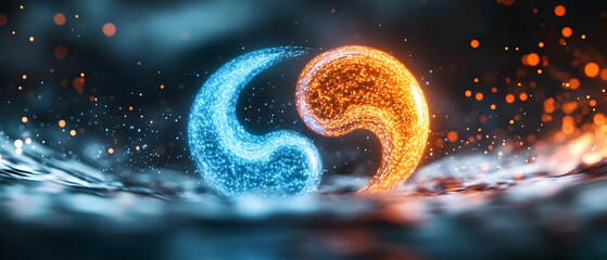 Poster - Dynamic blue and orange swirling shapes in water, representing balance and energy amidst vibrant splashes.