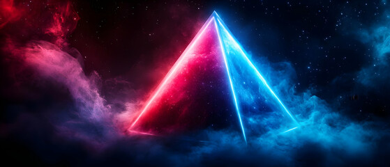 Poster - A glowing pyramid in vibrant red and blue light against a cosmic backdrop, creating a sense of mystery and intrigue.
